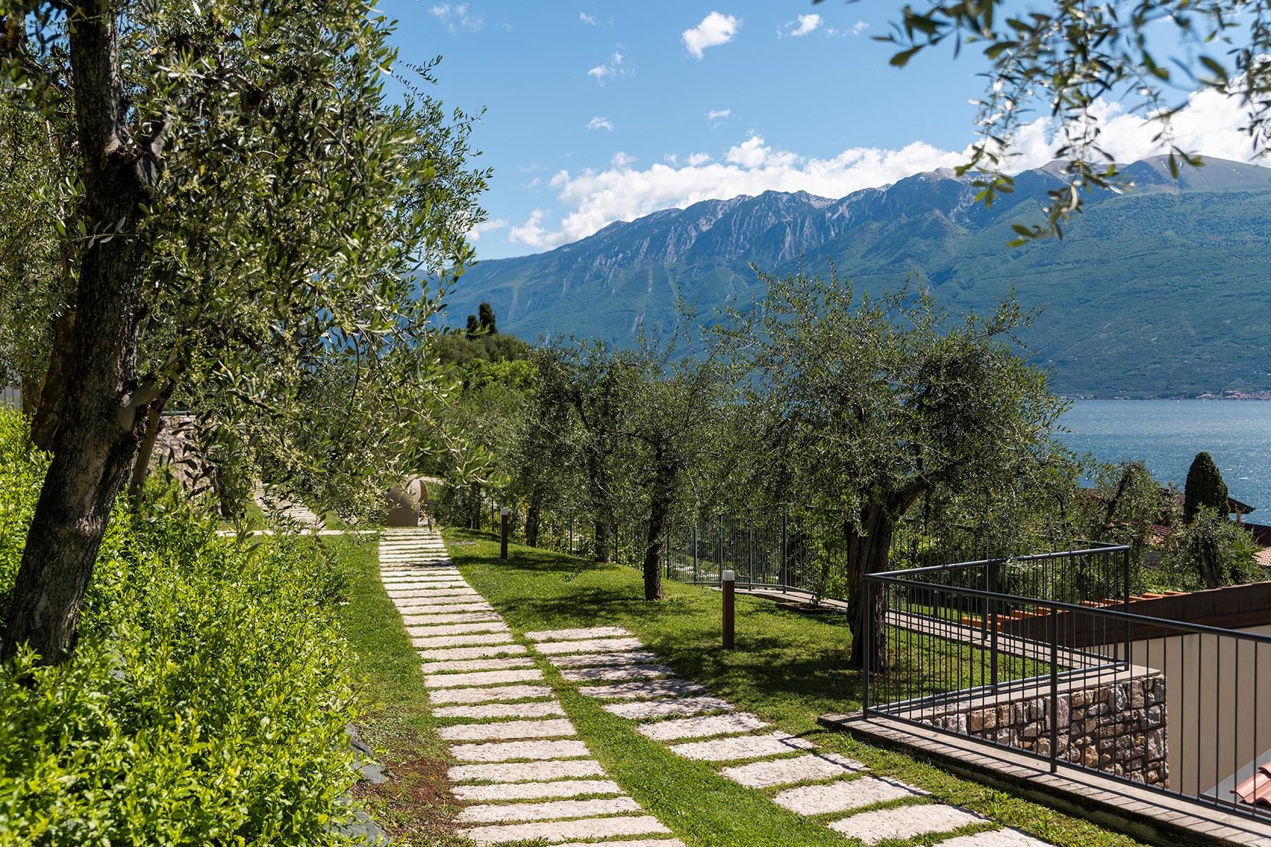 Sentiero in pietra tra ulivi con vista lago e montagne